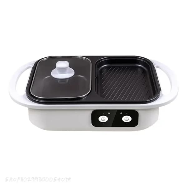 Elektrisk Grill & Hot Pot, 2 i 1 Matlagning, Non-Stick Yta,EU, Vit