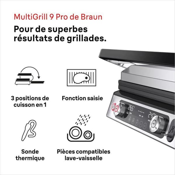 Multifunktionsgrill - BRAUN - Multi Grill 9 Pro - 2200 W - 3 värmelägen - Svart / Stål