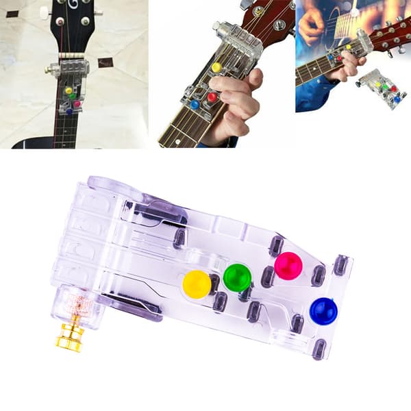 Gitarr inlärnings hjälpmedel med färgade knappar