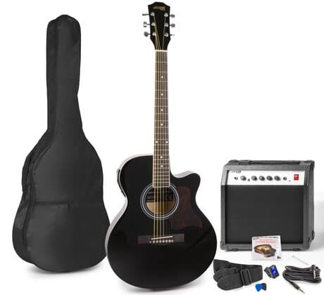 MAXMusic ShowKit Gitarrpaket stålsträngat med förstärkare Svart MAXMusic ShowKit Elekrisk stålsträngad akustisk gitarr paket svart