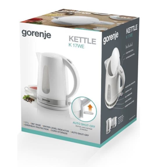 Gorenje | Kettle | K17WE | Electric | 2200 W | 1.7 L | Plastic + metal | 360° rotational base | White