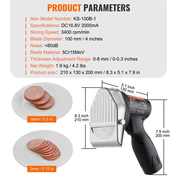 Elektrisk Shawarma Kniv, 100 mm Klinge Diameter, Justerbar Tykkelse 0-8 mm,Med batteribølge