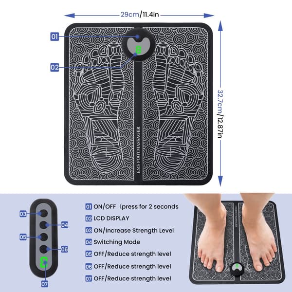 Fodmassageapparater, bærbar massagemåtte Muskelstimulator 6 tilstande, 9 intensitetsniveauer (sort)