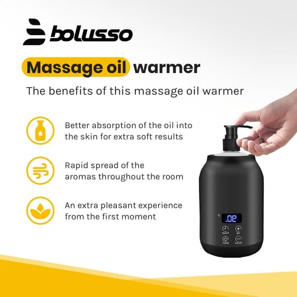 Bolusso Massageoljevärmare Svart – Justerbar 30–65°C – Set med 2 Dispensrar & Massageverktyg – Perfekt för Hemmaspa & Terapeuter