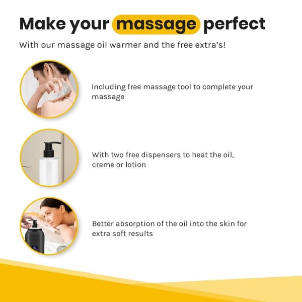Bolusso Massageoljevärmare Svart – Justerbar 30–65°C – Set med 2 Dispensrar & Massageverktyg – Perfekt för Hemmaspa & Terapeuter