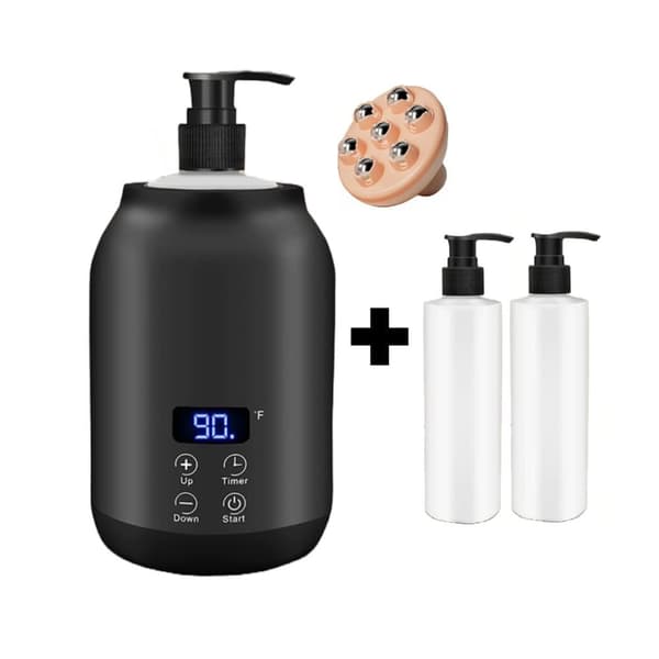 Bolusso Massageoljevärmare Svart – Justerbar 30–65°C – Set med 2 Dispensrar & Massageverktyg – Perfekt för Hemmaspa & Terapeuter