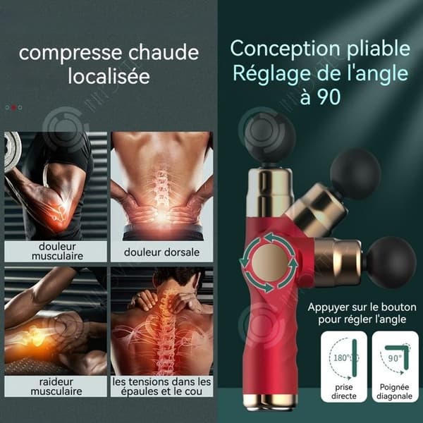 INN Mini massagepistol med percussionsmassage 32 hastigheter 4 massagehuvuden LCD-skärm avkopplande röd