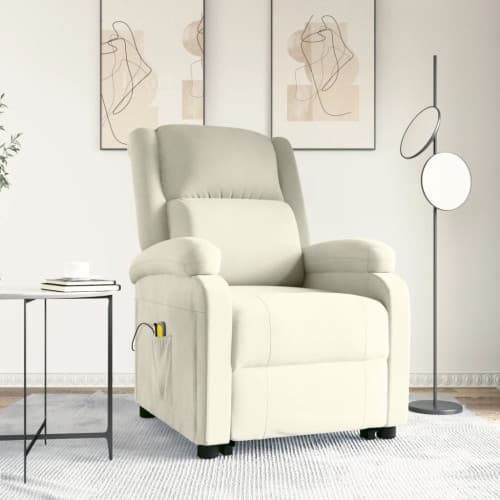 Massagefåtölj med uppresningshjälp gräddvit sammet