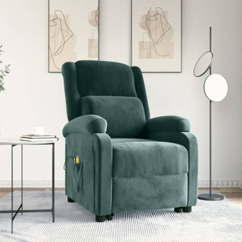 Massagefåtölj med uppresningshjälp mörkgrön sammet