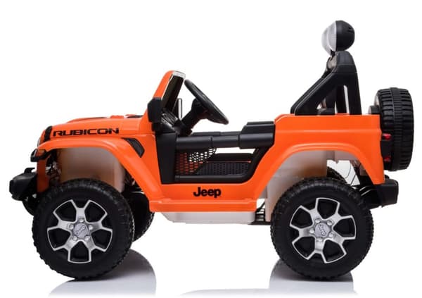 Jeep Wrangler Rubicon Elbil för barn med 4 x 12 V + gummihjul + lädersäte
