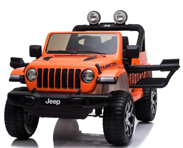 Jeep Wrangler Rubicon Elbil för barn med 4 x 12 V + gummihjul + lädersäte