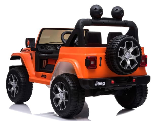 Jeep Wrangler Rubicon Elbil för barn med 4 x 12 V + gummihjul + lädersäte