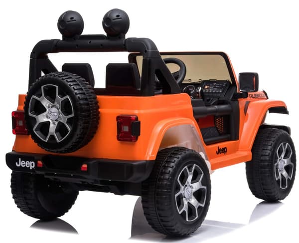 Jeep Wrangler Rubicon Elbil för barn med 4 x 12 V + gummihjul + lädersäte