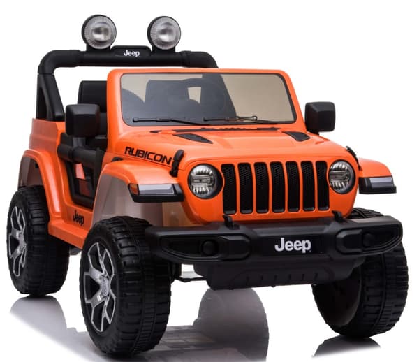 Jeep Wrangler Rubicon Elbil för barn med 4 x 12 V + gummihjul + lädersäte