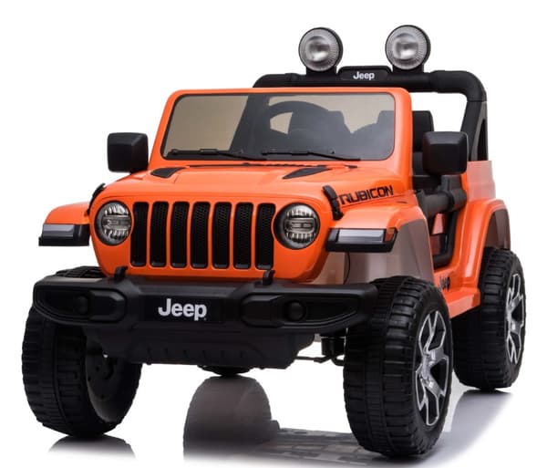 Jeep Wrangler Rubicon Elbil för barn med 4 x 12 V + gummihjul + lädersäte