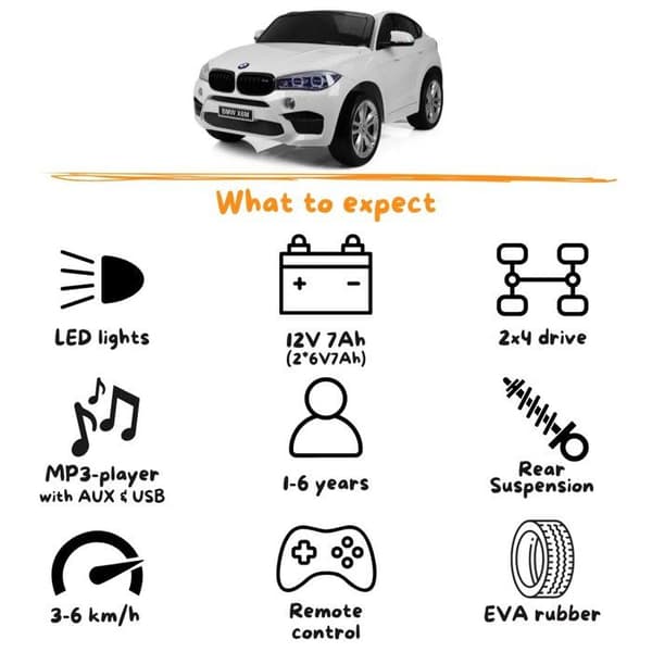 Barnbil BMW X6M - 12V - 1 till 6 år - EVA-hjul - Vit