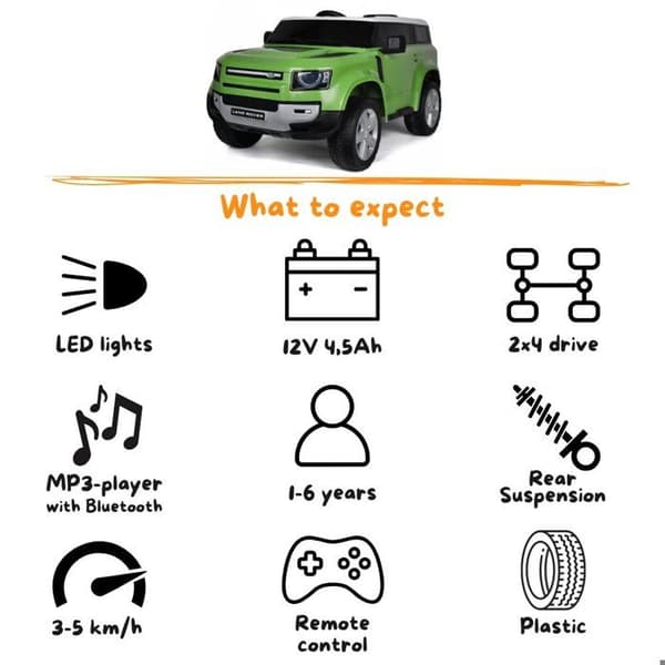 Barnens Elbil Land Rover Defender - 12V - 1 till 6 år - Grön