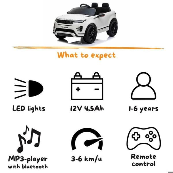 E-bil 12V - Range Rover Evoque - 2 till 6 år - EVA-hjul - Vit