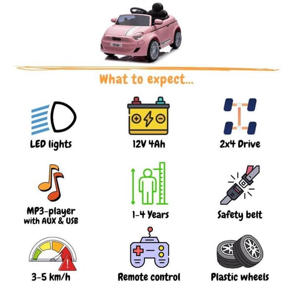 Elbil Barn Fiat 500e - 12V - 1 till 5 år - Rosa