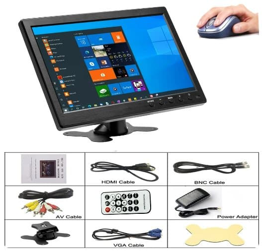 Podofo 10,1" LCD HD-skærm, mini-tv og computerhøjttaler, HDMI VGA-skærm, farveskærm, bilbackupkamera og sikkerhedssystem til hjemmet
