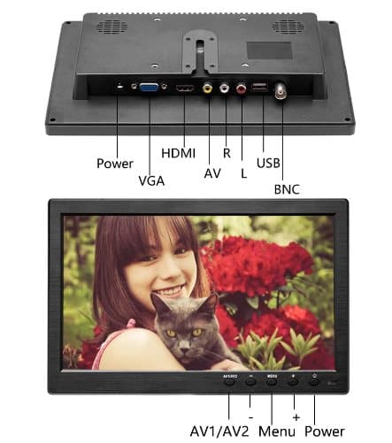 Podofo 10,1" LCD HD-skærm, mini-tv og computerhøjttaler, HDMI VGA-skærm, farveskærm, bilbackupkamera og sikkerhedssystem til hjemmet