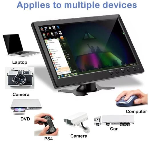 Podofo 10,1" LCD HD-skærm, mini-tv og computerhøjttaler, HDMI VGA-skærm, farveskærm, bilbackupkamera og sikkerhedssystem til hjemmet