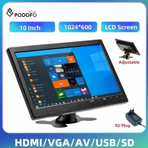 Podofo 10,1" LCD HD-skærm, mini-tv og computerhøjttaler, HDMI VGA-skærm, farveskærm, bilbackupkamera og sikkerhedssystem til hjemmet