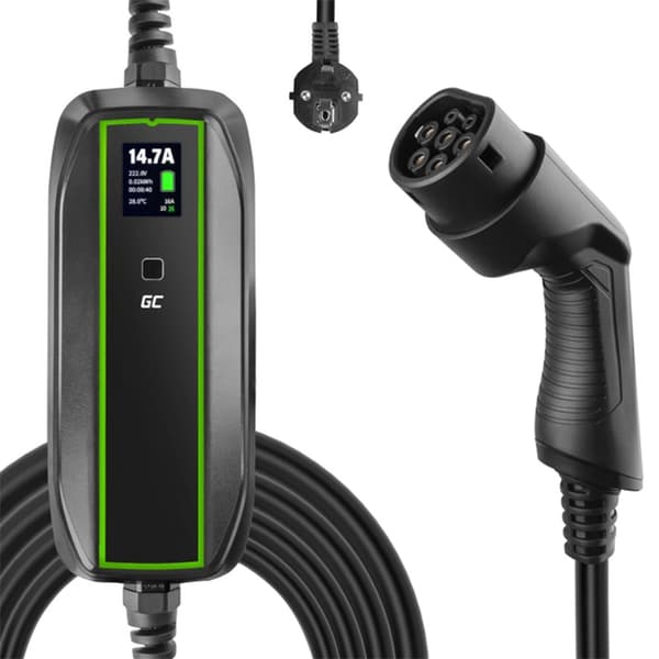 Green Cell - GC EV PowerCable 3,6kW Schuko mobiloplader - Type 2 til opladning af elbiler og plug-in hybrider Sort
