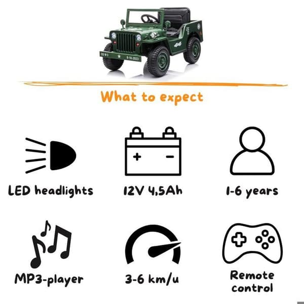 Batteribil av armén Willys - 12V Batteri - 1 till 6 år - Grön