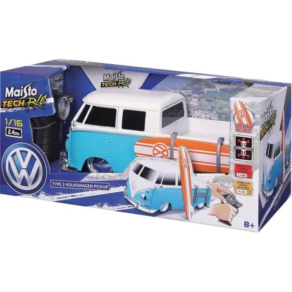 Radiostyrd personbil VW typ 2 Maisto - blå/vit/orange - 18x18x41 cm