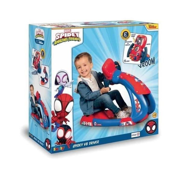 Smoby - Spidey - V8 Driver - Körsimulator för barn - Justerbar stol - Ljud och ljus - Batterier ingår ej