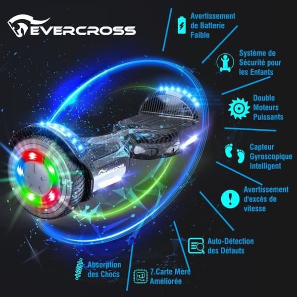EVERCROSS Hoverboard Gyropod 6.5 tum Svart Hoverkart Svart självbalanserande LED-ljus Bluetooth Motor 700W Barn