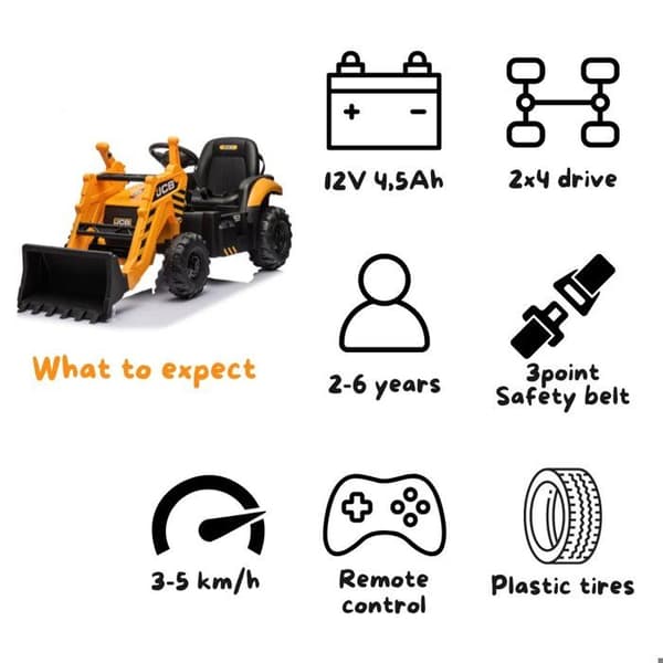 Traktorskop JCB Elektrisk - för Barn 12V Batteri - 2 till 6 år - Gul