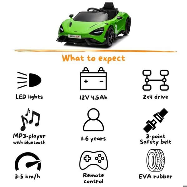 Elbil Barn 12V - McLaren 765LT - 1 till 5 år - Grön