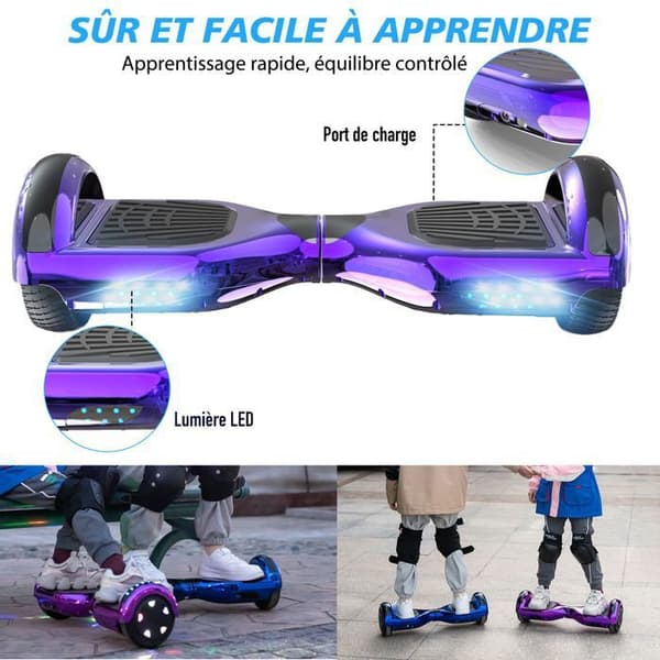 6,5 tums hoverboard med Bluetooth och LED - RCB - Perfekt present för barn Lila krom