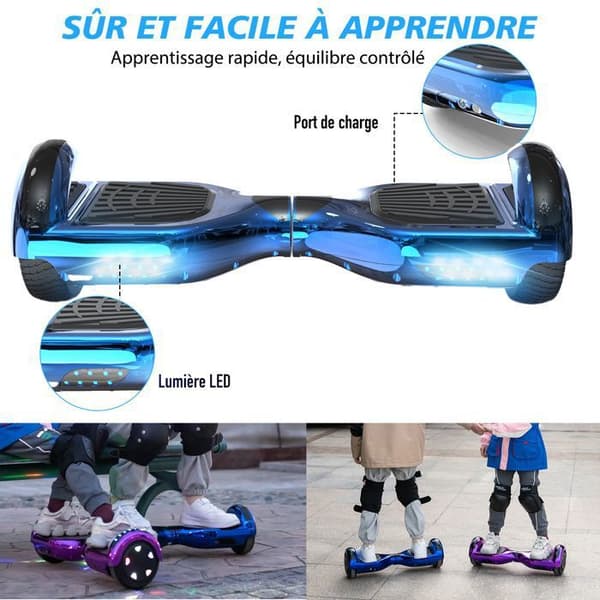 6,5 tums hoverboard med Bluetooth och LED - RCB - Perfekt present till barn Blue Chrome