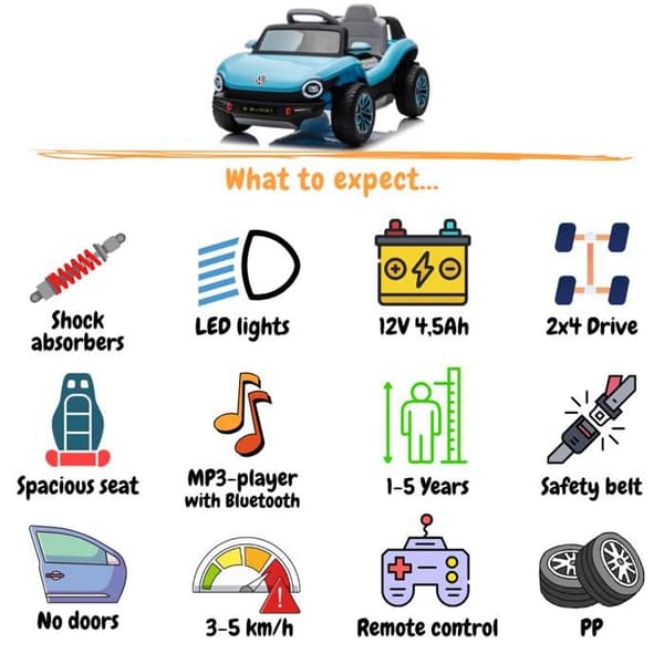Elbil för Barn 12V - Volkswagen E-Buggy - 1 till 5 år - Blå