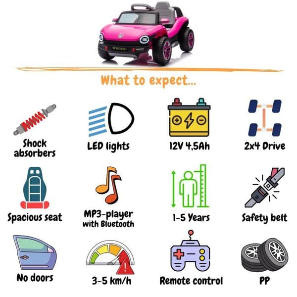 Elbil för Barn 12V - Volkswagen E-Buggy - 1 till 5 år - Rosa