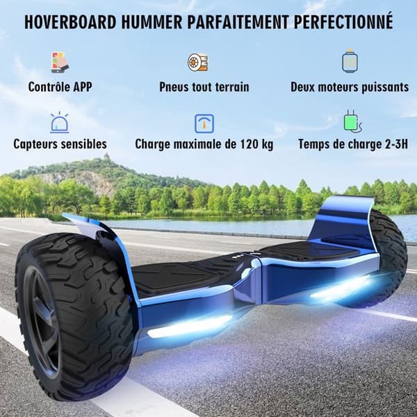 Hoverboard 8,5 tum Hummer All Terrain LED Bluetooth med kraftfull motor Idealisk present Blå krom