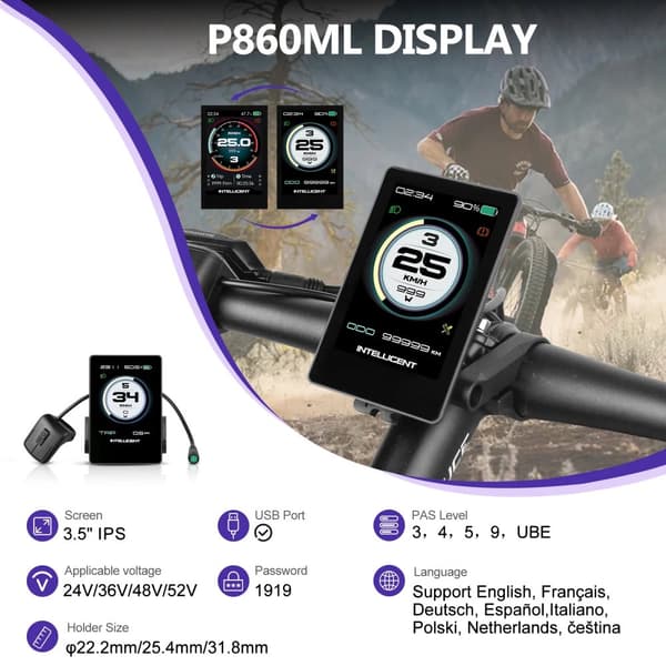 Bafang LCD-skärm, justerbara PAS-nivåer,P860ML(0-9 PAS)
