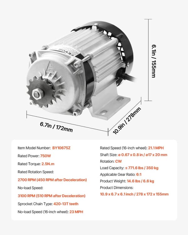 Børsteløs DC Motor Kit, 750W Effekt, 21.1 MPH Hastighed,750W