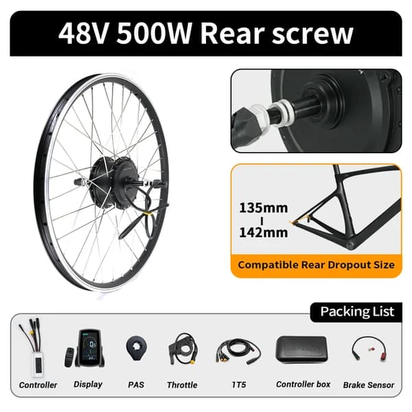 Elcykelkonverteringskit, bakre kassettmotor, 36V batteri, 48V 500W Bakre Skruv, INGEN BATTERI, 28in29in700C