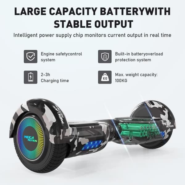 MEGA MOTION Camouflage Hoverboard+Camouflage Go-Kart för barn, 2 hjul Hoverboard 6,5" LED-lampor med Bluetooth-högtalare
