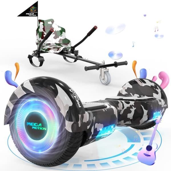 MEGA MOTION Camouflage Hoverboard+Camouflage Go-Kart för barn, 2 hjul Hoverboard 6,5" LED-lampor med Bluetooth-högtalare