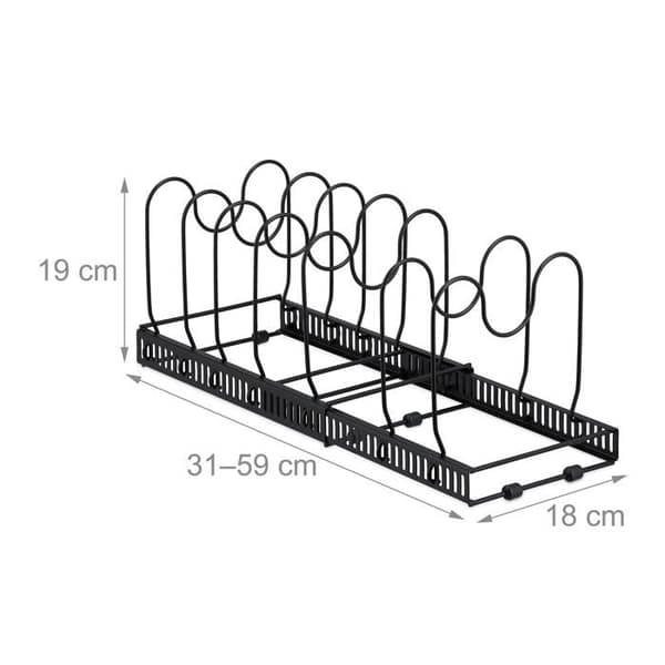 Relaxdays - 10049440 - Organiser för dina grytor/pannor, Utvidgbar, metall, H x B x D: 19 x 59 x 18 cm, Svart