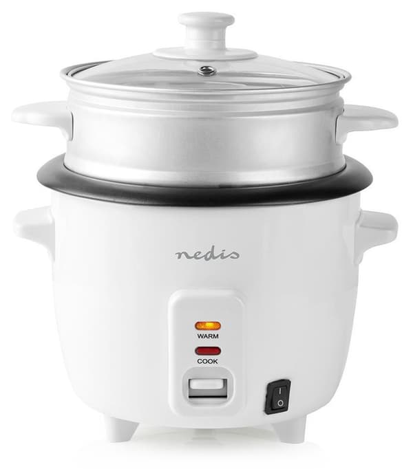 NEDIS rýžovar/ spotřeba 300 W/ objem 0,6 L/ nepřilnavý povrchy/ vyjímatelná miska/ automatické vypnutí/ bílý