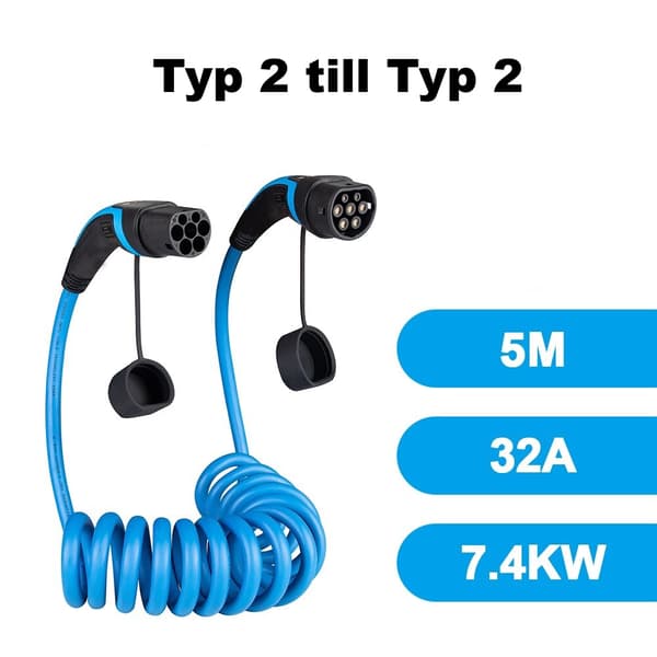 32A 7.6KW EV Typ 2 - Typ2  Spiral laddkabel 3-fas tre fas kabel för elbil EVSE elfordons laddningsstation IEC 62196-2