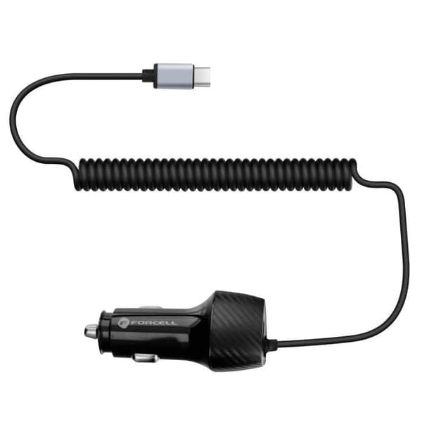 Laddare Bil - Forcell - 38W - QC 3.0 - Integrerad USB-C-kabel - Kolfiber svart