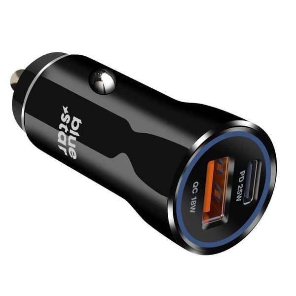Prise för cigarettändare - BLUESTAR - USB-C 25W + USB 18W - Kompakt design - USB-C-kabel inkluderad