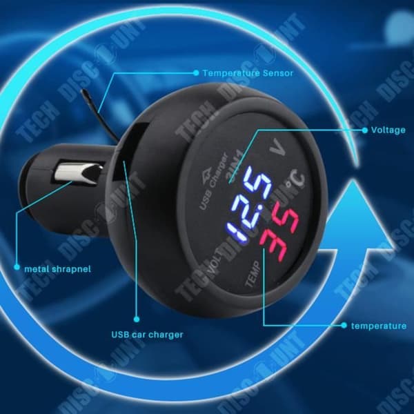 TD® Voltmeter Bilcigarettändare Termometer USB LED Autoladdare 12-24V Laddare LED Digital Display Bilcigarettändare